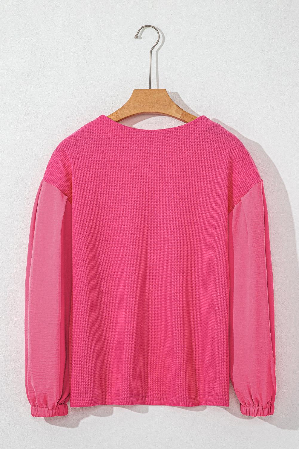 Waffle-Knit V-Neck Long Sleeve Blouse - PD SECRET REALM