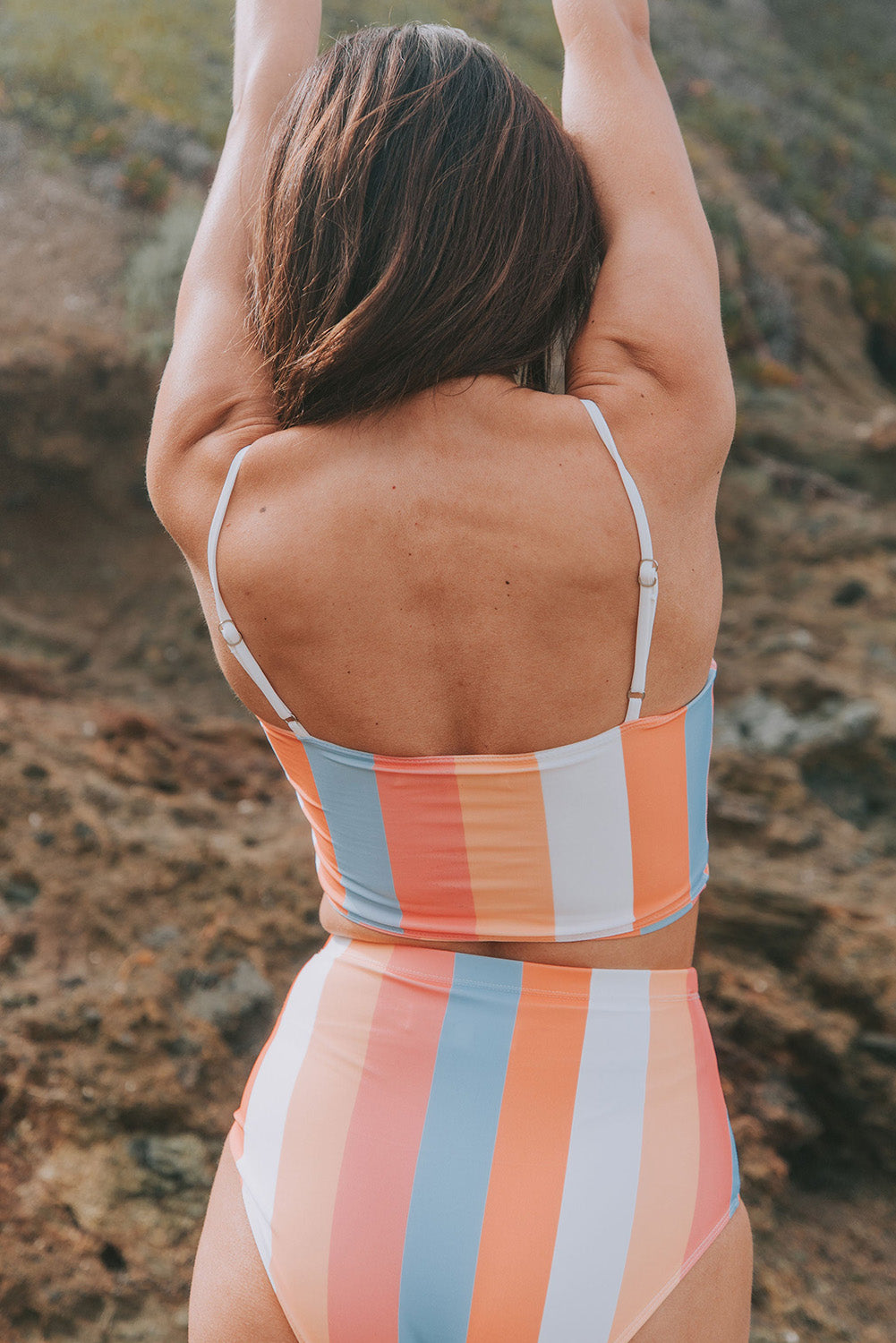 Orange Striped Colorblock High Waist Two Piece Swimsuit