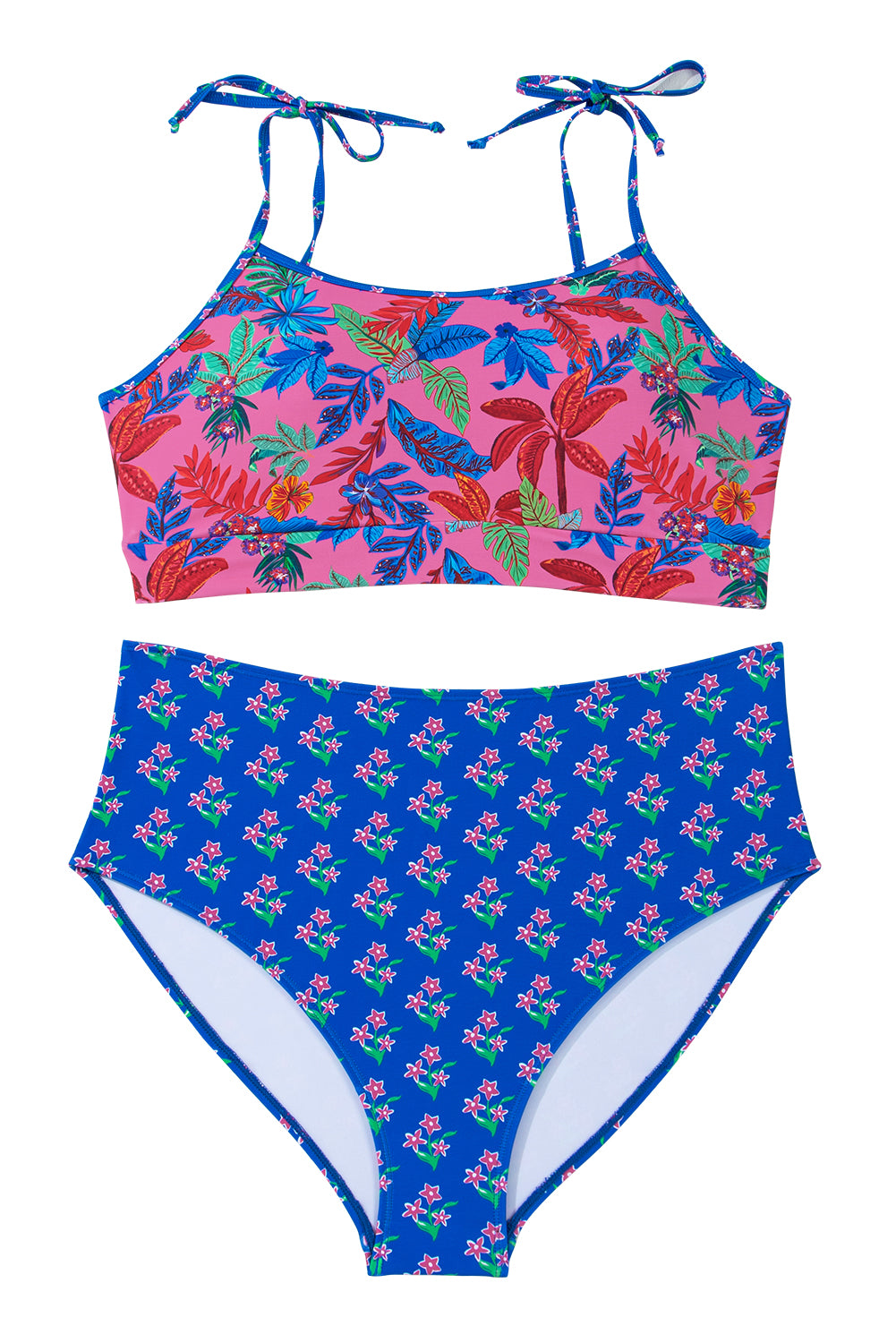 Blue Tropical Print Crop Cami and High Waist Plus Size Bikini Set