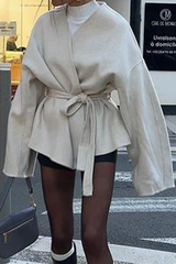 Beige Solid Color Drop Sleeve Belted Trench Coat