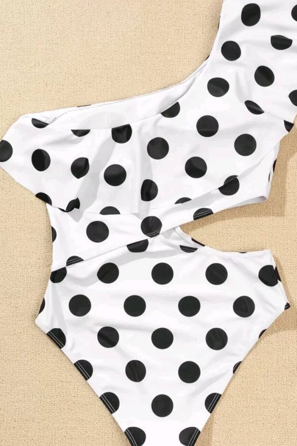 White Polka Dot Ruffled One Shoulder One Piece Swimwear