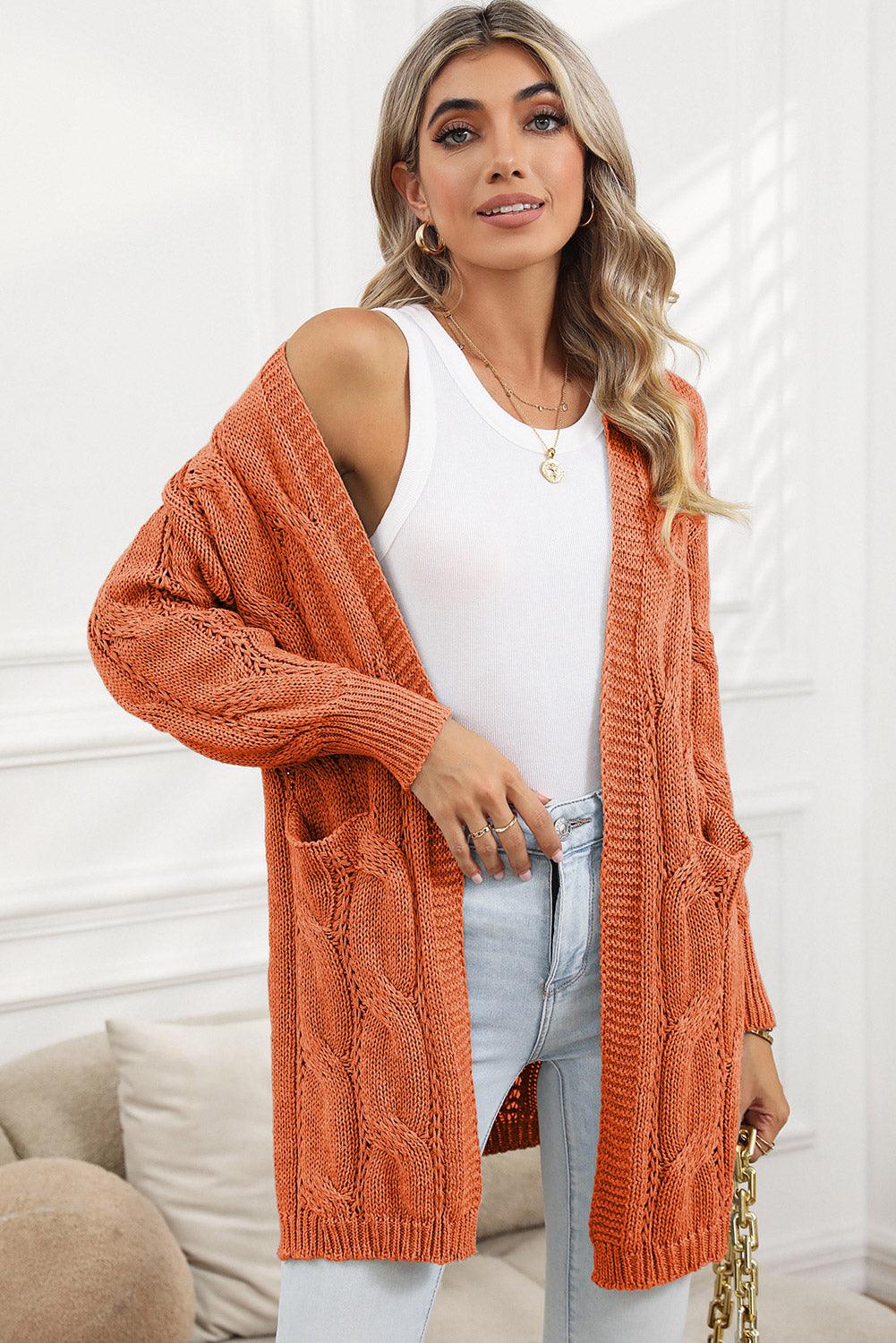 Khaki Ribbed Trim Hollow Knit Side Slits Cardigan