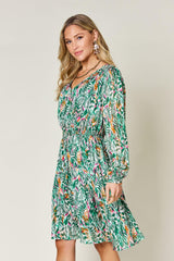 Double Take Full Size Printed Drawstring Waist Long Sleeve Dress