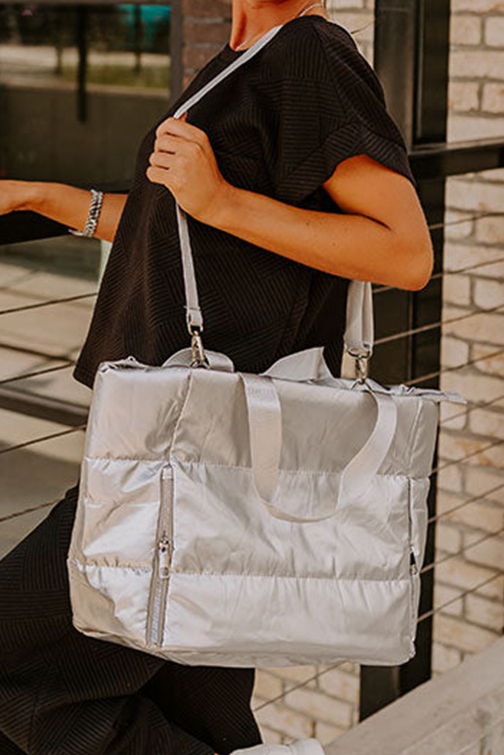 Silvery Solid Color Zipper Puffer Large Tote Bag