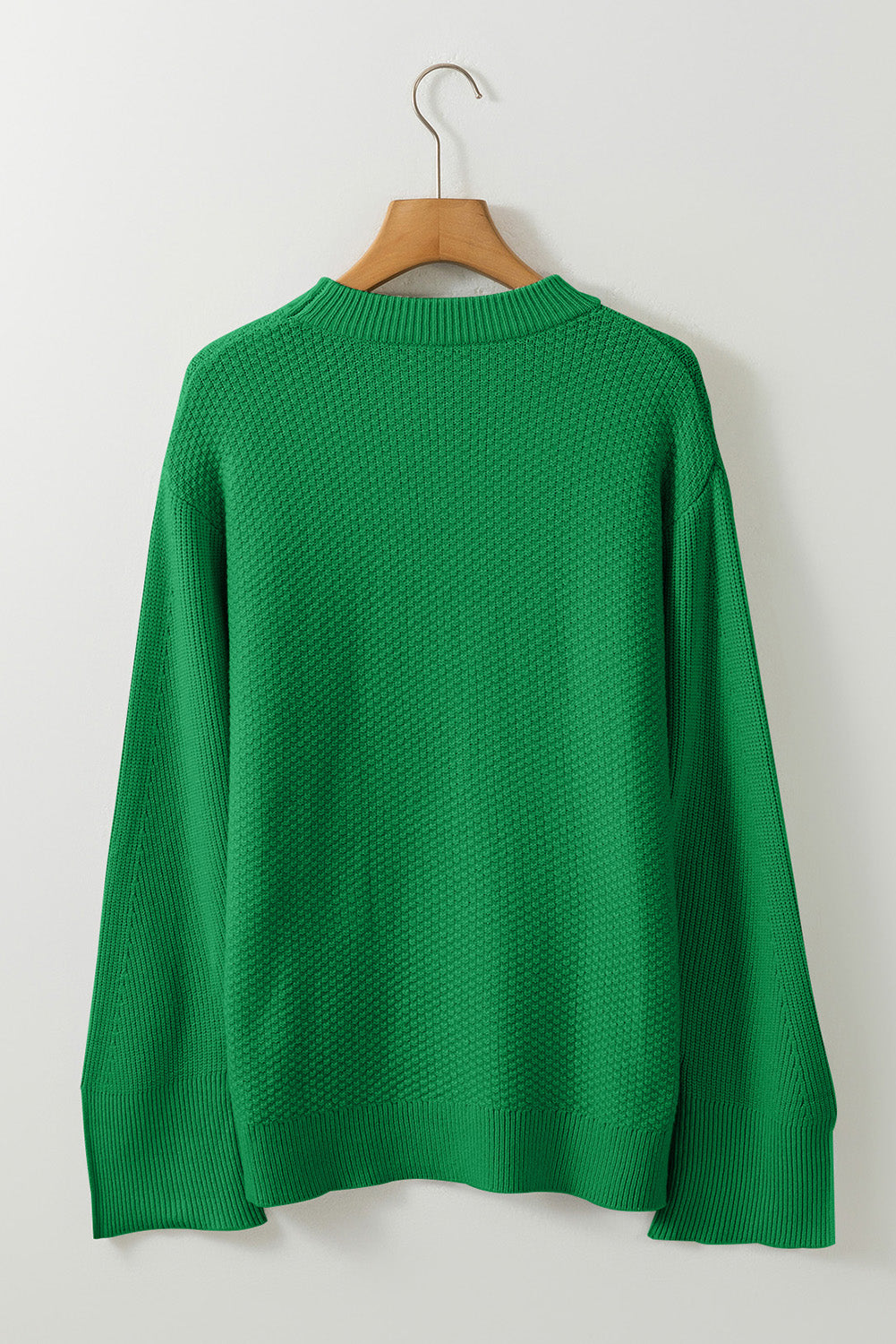 Dark Green Textured Knit Split Cuff Drop Shoulder Loose Sweater