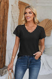 Eyelet V-Neck Lace Short Sleeve T-Shirt - PD SECRET REALM