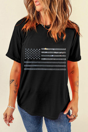 Rhinestone US Flag Round Neck Short Sleeve T-Shirt - PD SECRET REALM