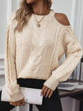 Cable Knit Round Neck Cold Shoulder Sweater - PD SECRET REALM