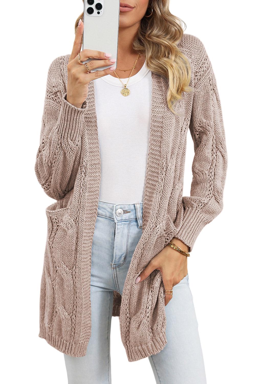 Khaki Ribbed Trim Hollow Knit Side Slits Cardigan