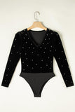 Pearl Detail Velvet V-Neck Long Sleeve Bodysuit - PD SECRET REALM