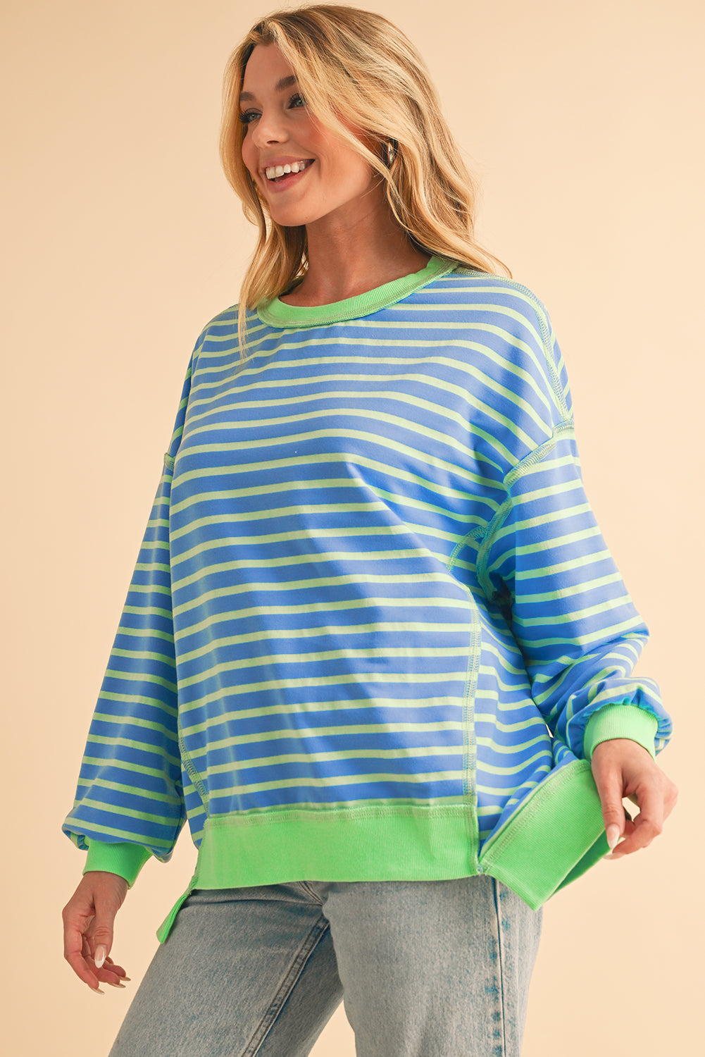 Pink Stripe Contrast Trim High Low Tunic Sweatshirt