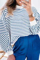 Blue Stripe Drop Shoulder Crew Neck Loose Sweatshirt