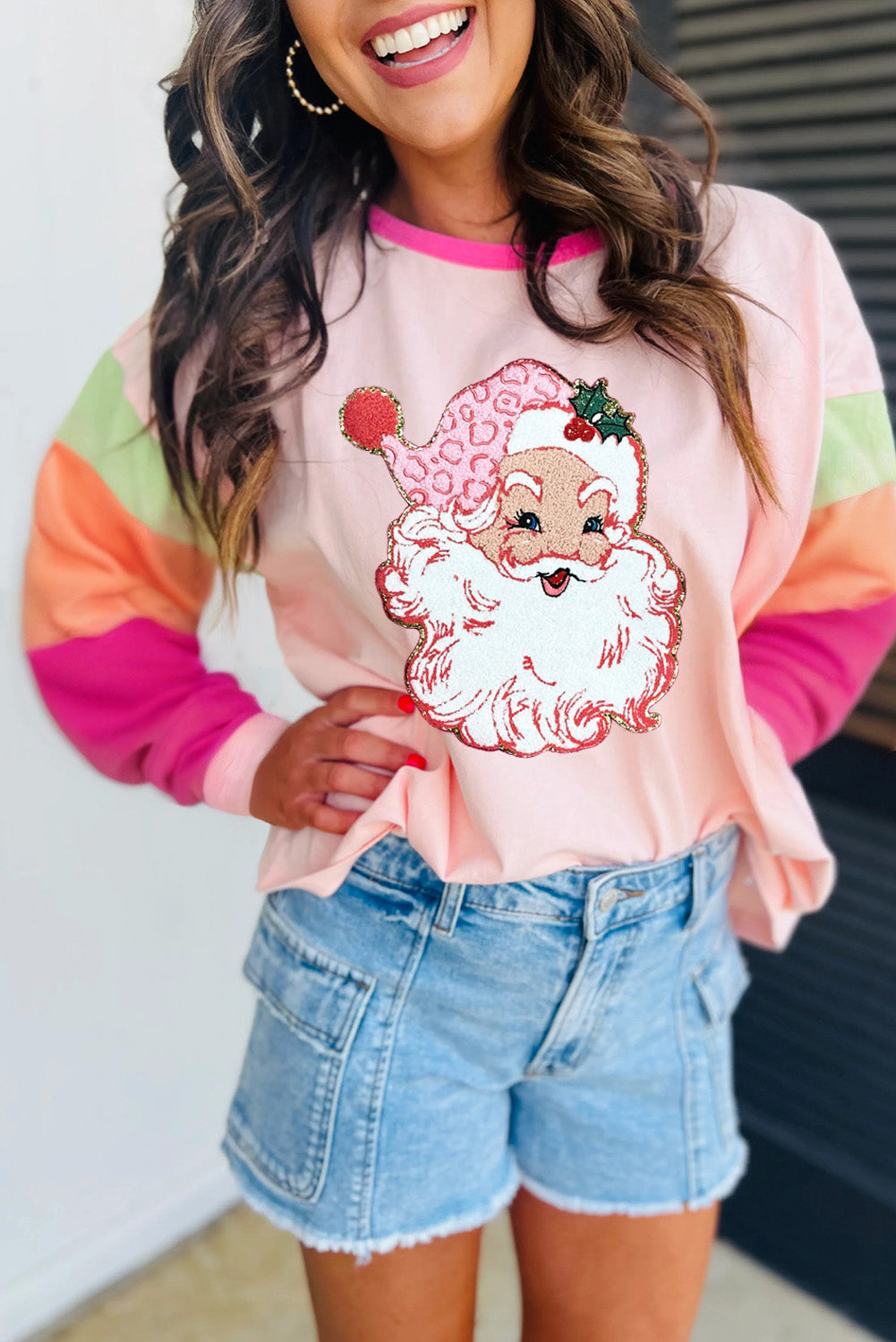 Pink Casual Colorblock Santa Claus Graphic Sweatshirt