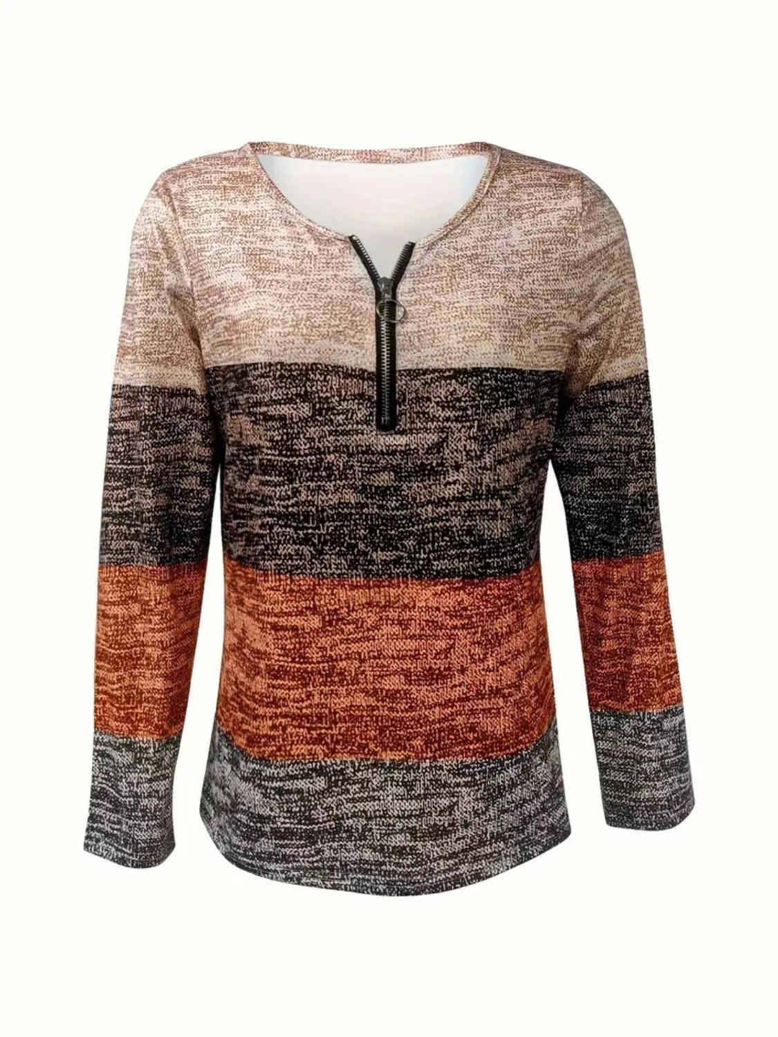 Color Block Quarter Zip Long Sleeve Blouse - PD SECRET REALM