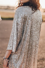 Apricot Sequin 3/4 Sleeve Open Front Duster Cardigan