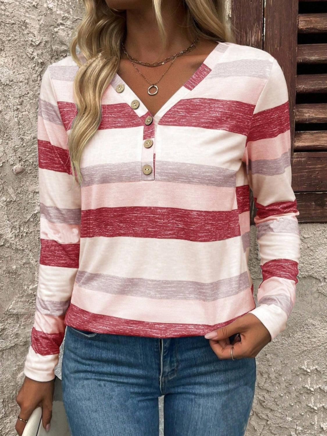 Contrast Striped V-Neck Long Sleeve T-Shirt - PD SECRET REALM