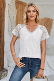 Eyelet V-Neck Lace Short Sleeve T-Shirt - PD SECRET REALM