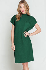 Blackish Green Patch Pocket Knit Short Sleeve Sweater Dress