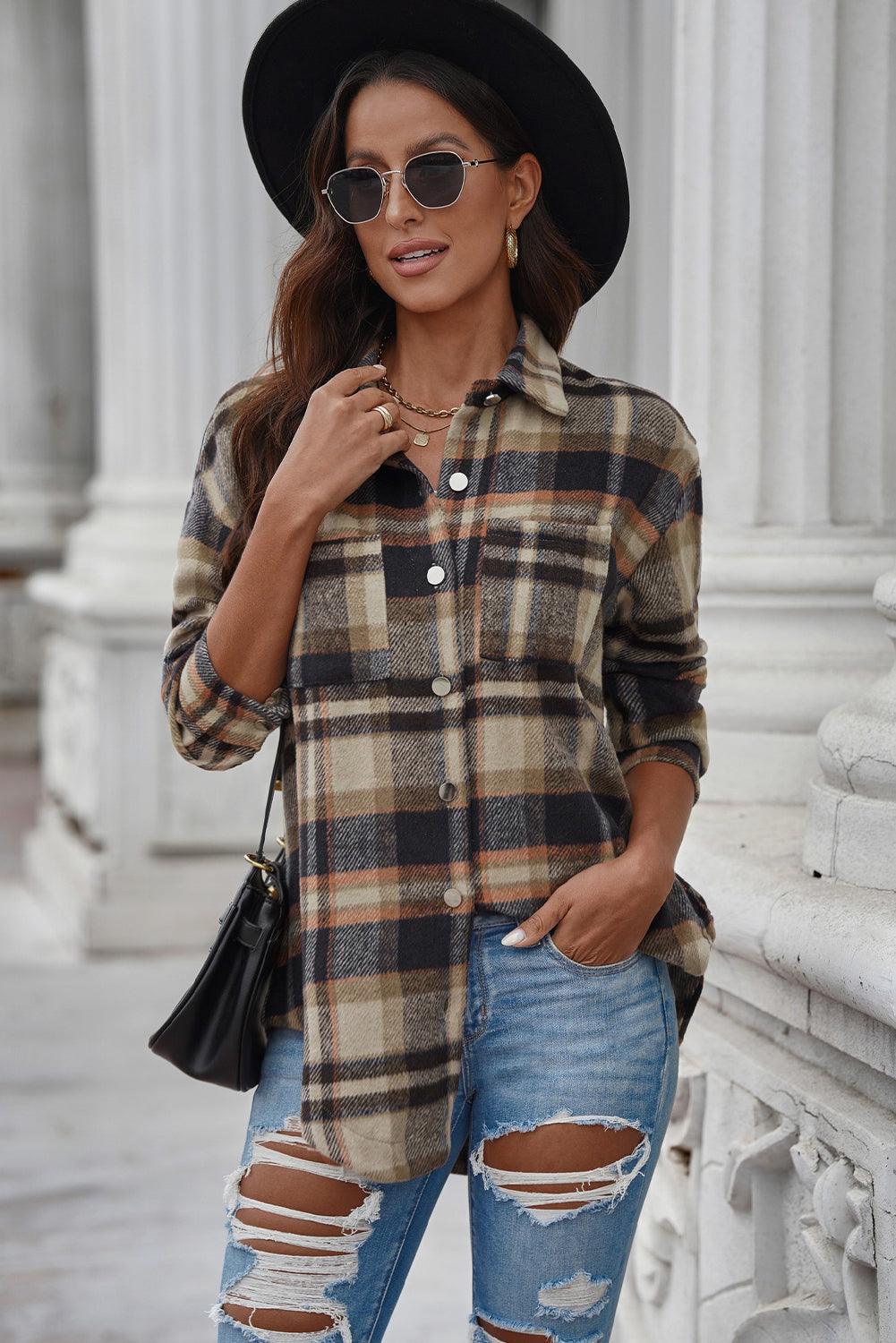 Plaid Curved Hem Dropped Shoulder Longline Shirt Jacket