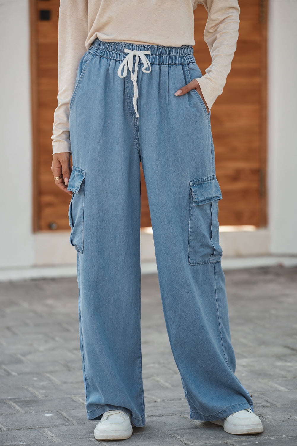 Sky Blue Drawstring High Waist Cargo Pocket Wide Leg Jeans