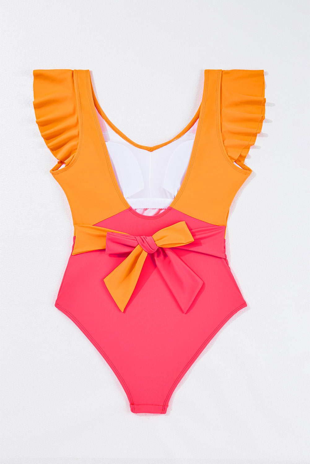 Vitality Orange Colorblock Ruffle Knotted Backless One Piece Swimsuit