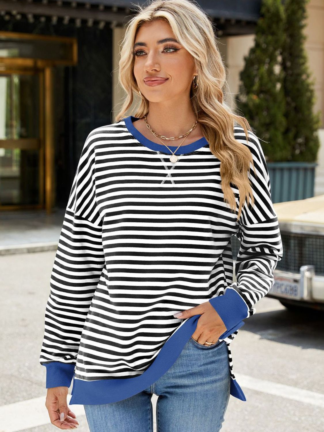 Slit Striped Round Neck Long Sleeve Sweatshirt