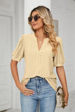 Eyelet Short Puff Sleeve Notched Neck Top - PD SECRET REALM