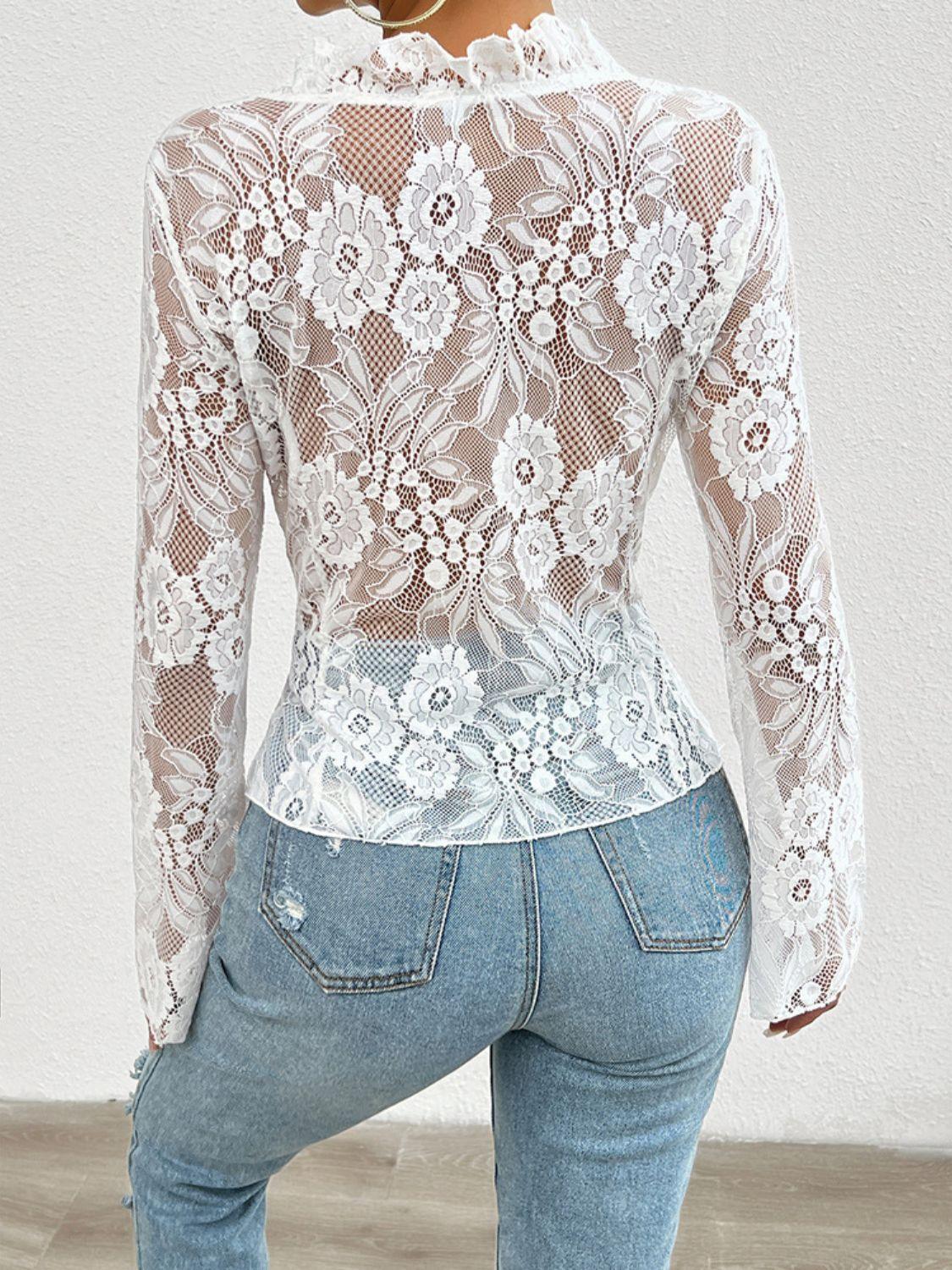 Tied V-Neck Long Sleeve Lace Top - PD SECRET REALM