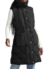 Black Puffer Quilted Stand Collar Pocketed Vest Coat