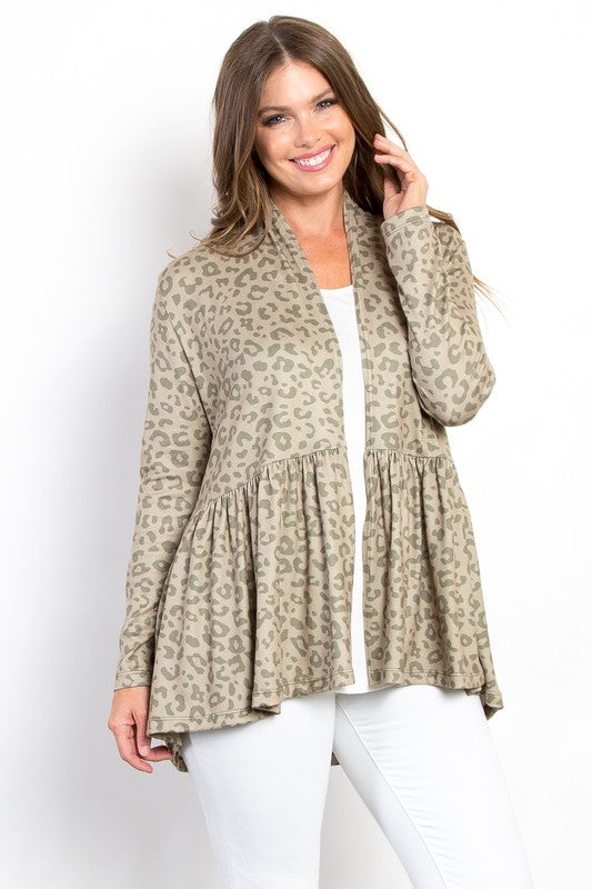 Be Stage Full Size Peplum Leopard Open Front Long Sleeve Cardigan