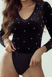 Pearl Detail Velvet V-Neck Long Sleeve Bodysuit - PD SECRET REALM