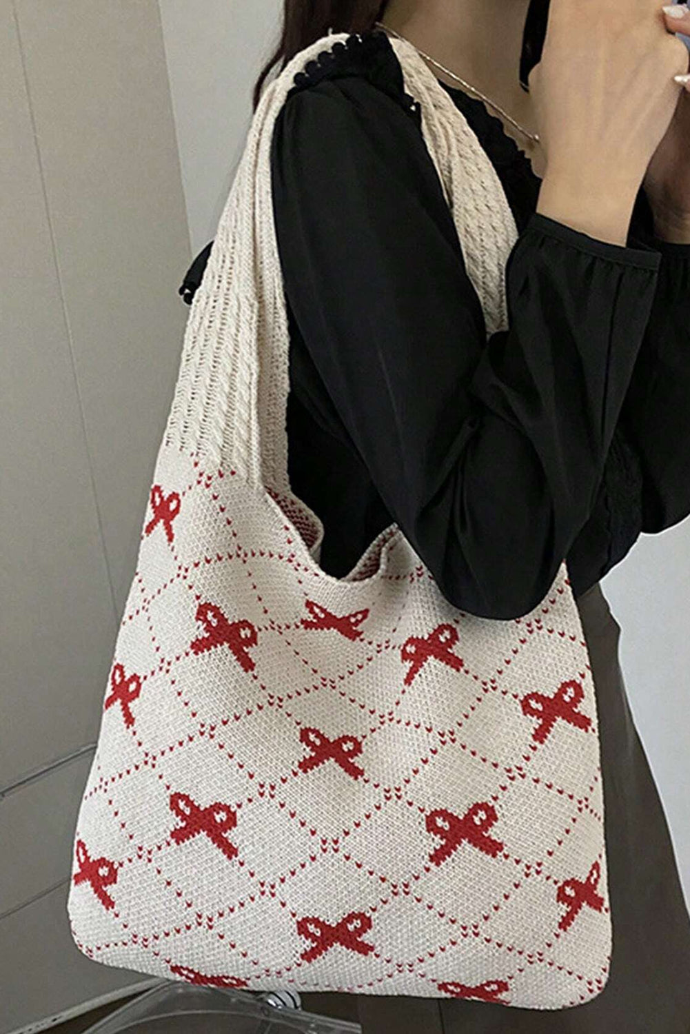 Fiery Red Bow Argyle Pattern Cable Knit Shoulder Bag