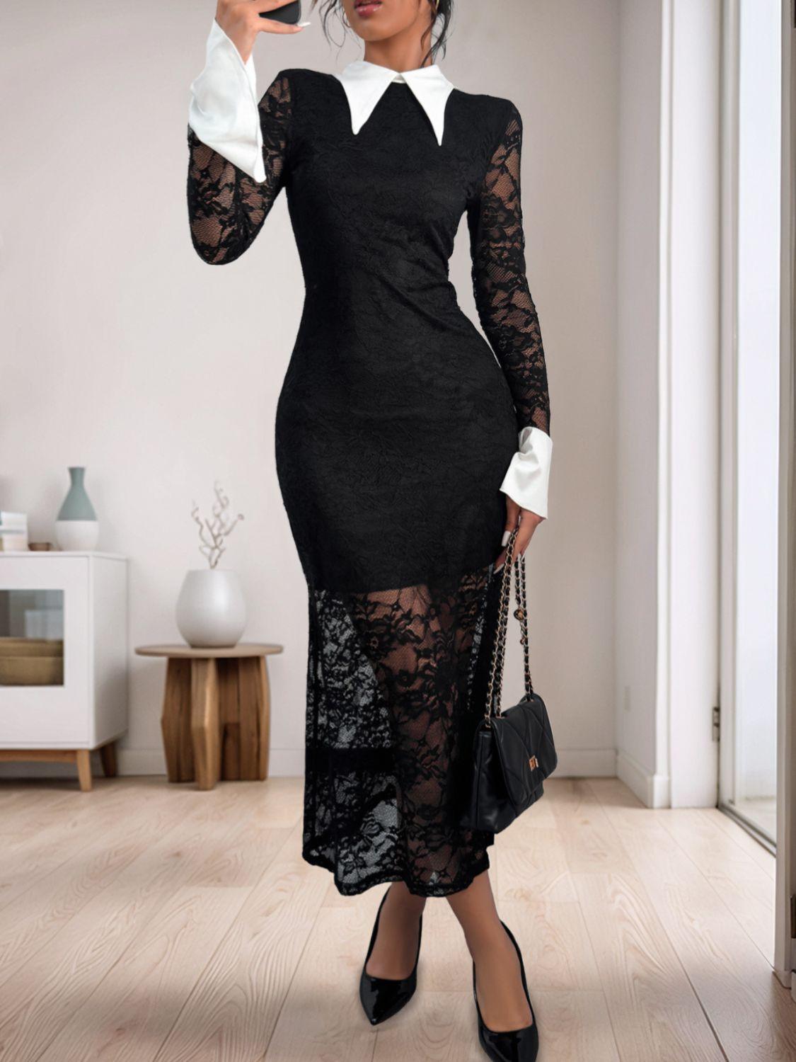 Perfee Lace Contrast Collared Neck Long Sleeve Midi Dress - PD SECRET REALM