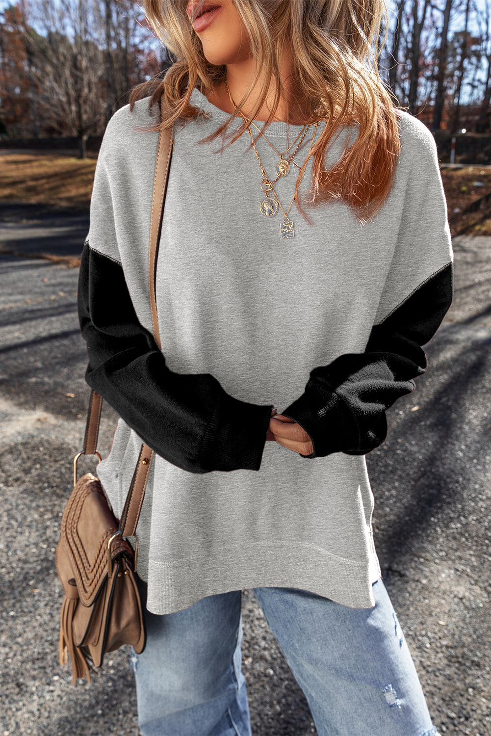 Mineral Red Two Tone Patchwork Drop Shoulder Pullover Sweatshirt