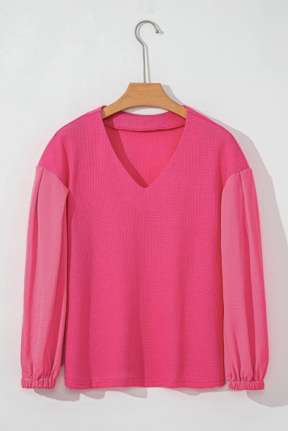 Waffle-Knit V-Neck Long Sleeve Blouse - PD SECRET REALM