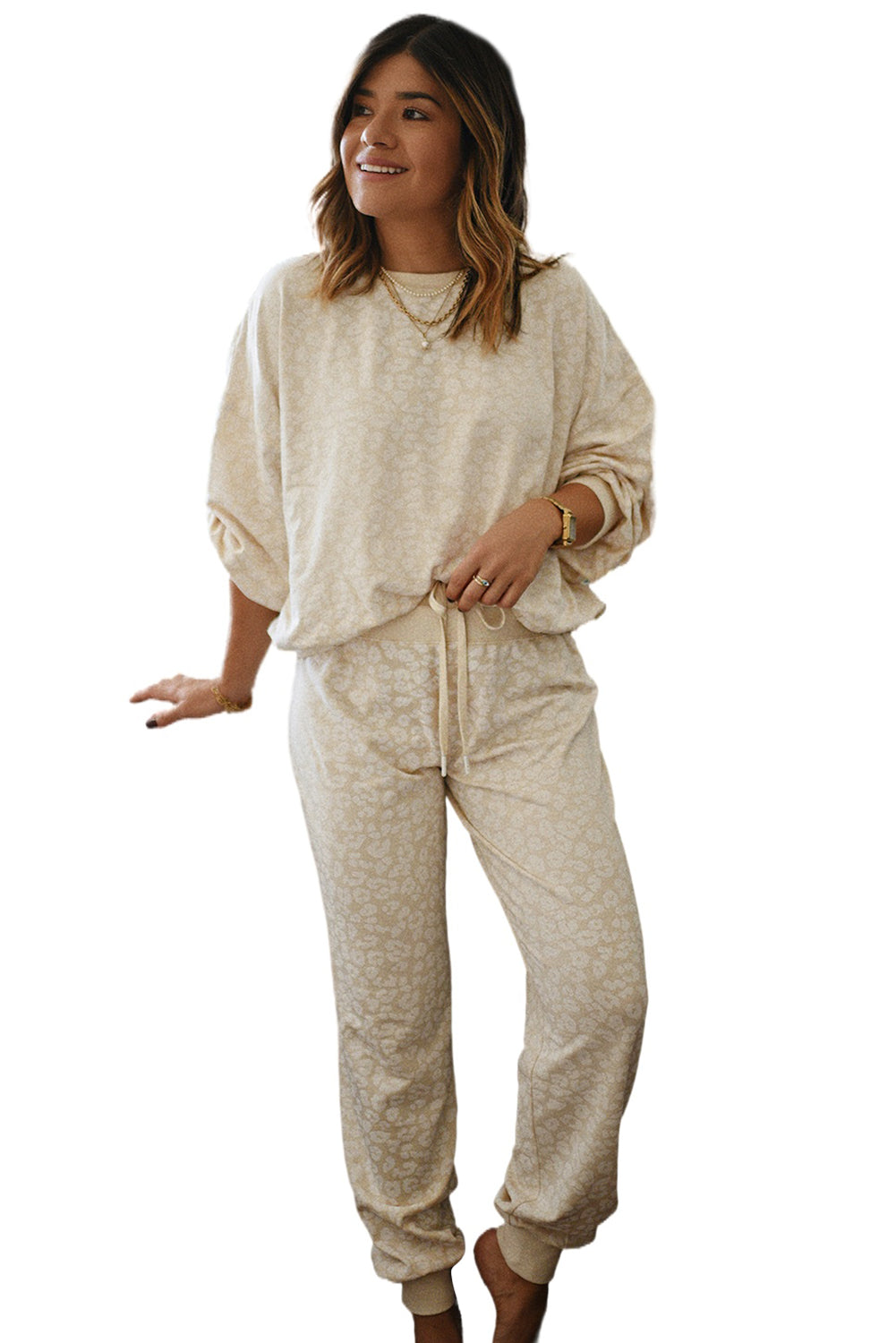 White Cheetah Print Loose Fit Cozy 2 Piece Loungewear Set