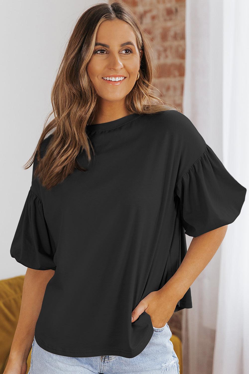 Puff Sleeve Curved Hem Blouse - PD SECRET REALM