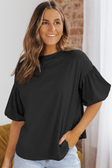 Puff Sleeve Curved Hem Blouse - PD SECRET REALM