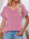 Exposed Seam V-Neck Short Sleeve Top - PD SECRET REALM