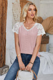 Eyelet V-Neck Lace Short Sleeve T-Shirt - PD SECRET REALM