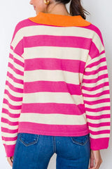 Contrast Stripes Johnny Collar Long Sleeve Sweater - PD SECRET REALM