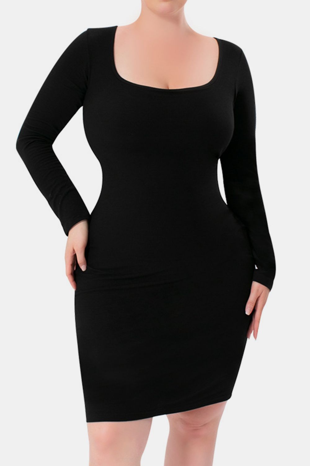 Full Size Built-In Shapewear Square Neck Long Sleeve Dress