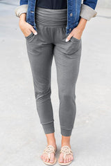 Grey Basic Pleated Pocket High Waisted Leggings