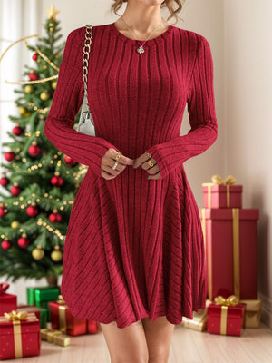 Ribbed Round Neck Long Sleeve Dress - PD SECRET REALM