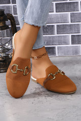 Chestnut Leather Strap Buckle Decor Slip On Flats