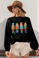 Double Take Full Size Sequin Nutcracker Long Sleeve Sweater