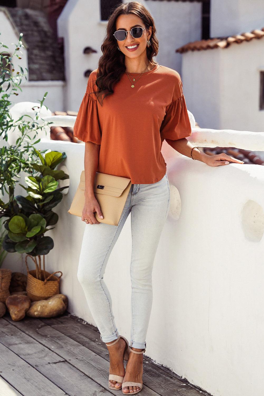 Puff Sleeve Curved Hem Blouse - PD SECRET REALM