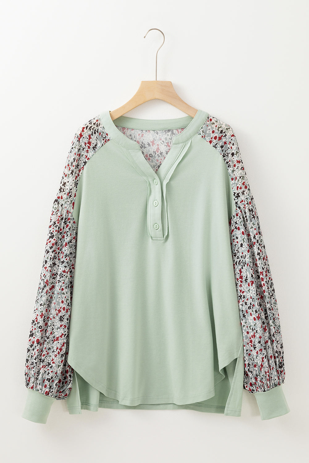 Meadow Mist Green Floral Print Bubble Sleeve Henley Loose Top