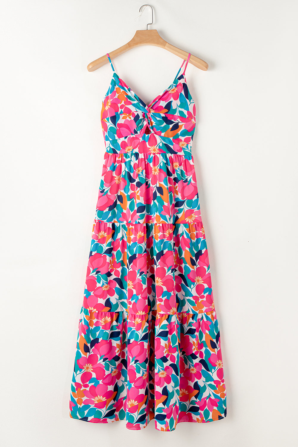 Rose Floral Twist V Neck Tiered Cami Maxi Dress