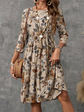 Printed Round Neck Three-Quarter Sleeve Dress - PD SECRET REALM